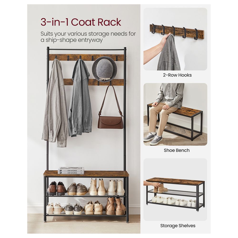 Hall Tree With Shoe Storage Bench – 3-in-1 Coat Rack – Entryway Organizer
