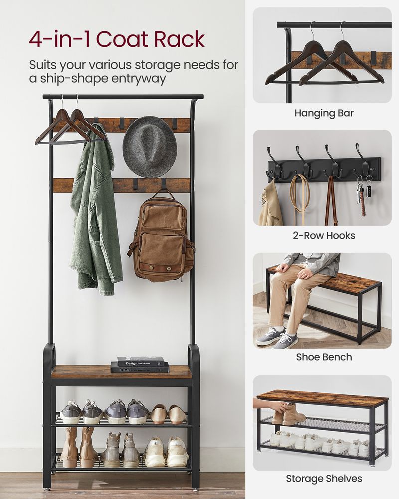 Coat Rack With Shoe Bench - Entryway Storage Organizer