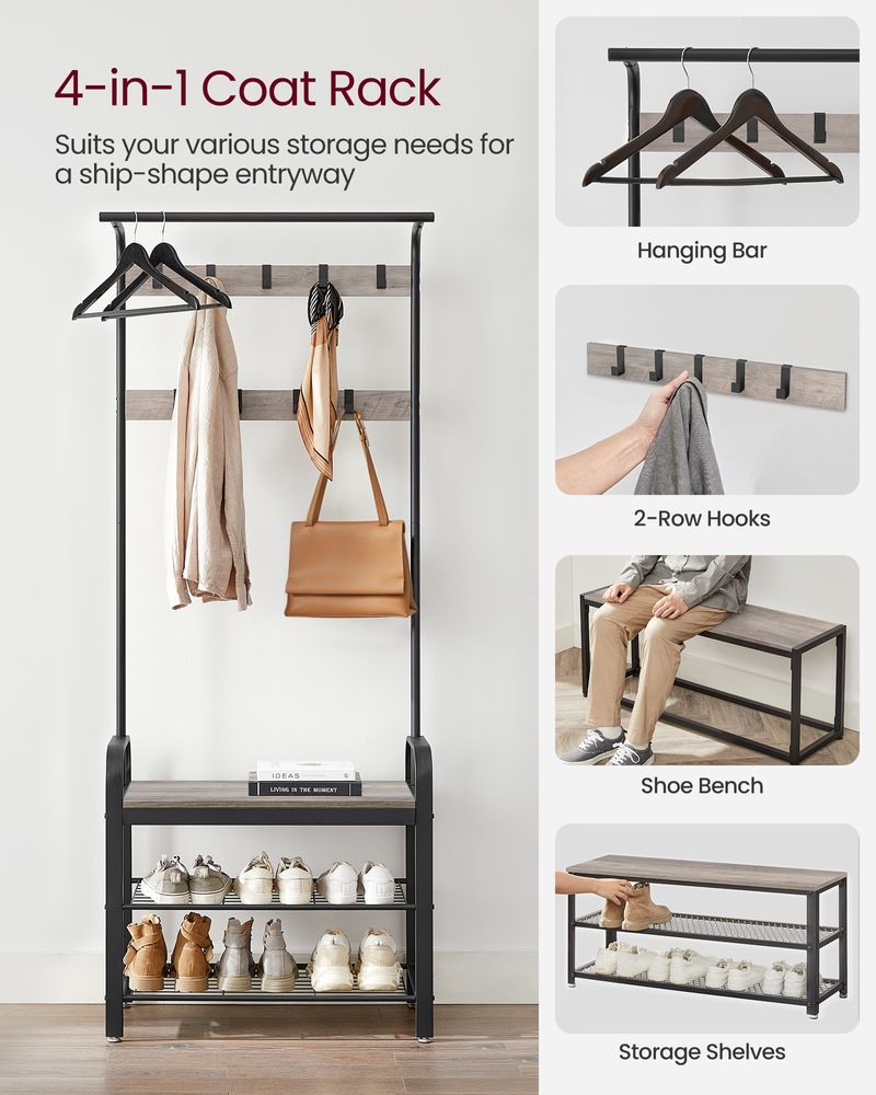 Industrial Coat Rack With Bench – 4-in-1 Hall Tree – Shoe Storage Entryway