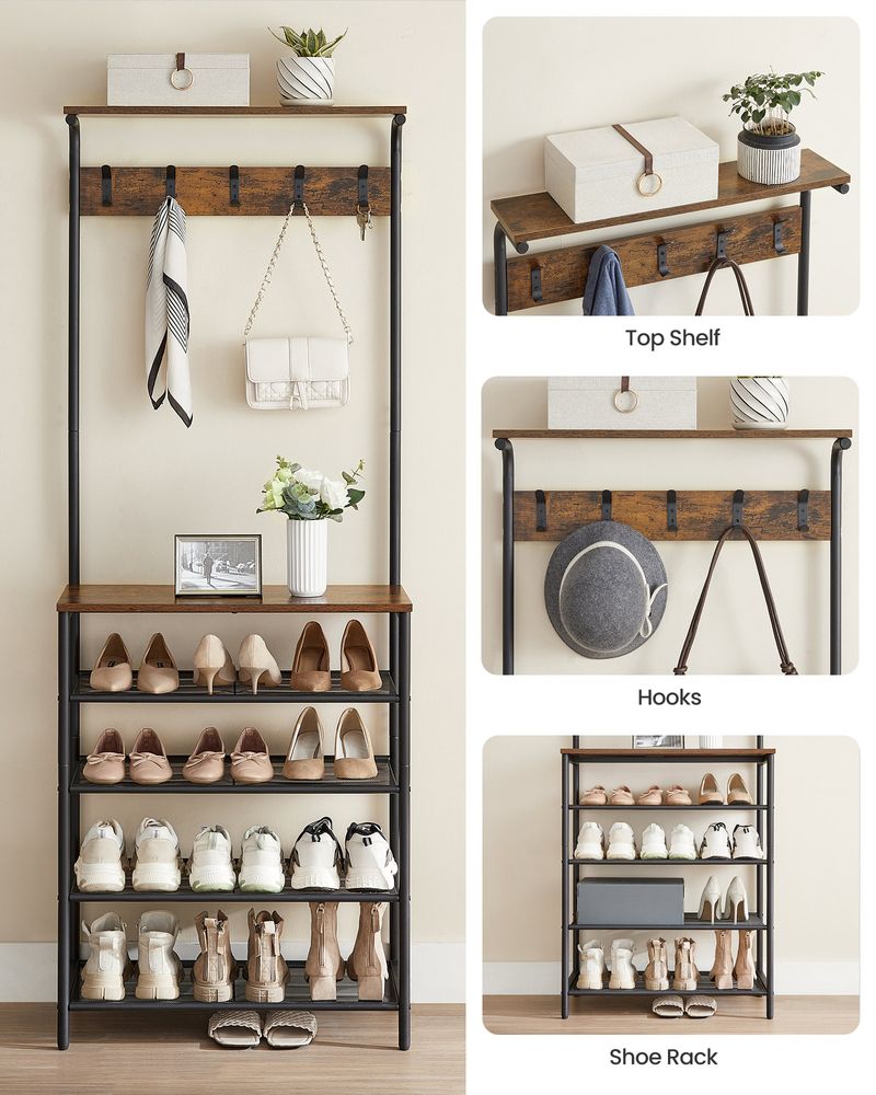 Hall Tree With Shoe Bench – 5-Tier Shoe Storage – Industrial Coat Rack