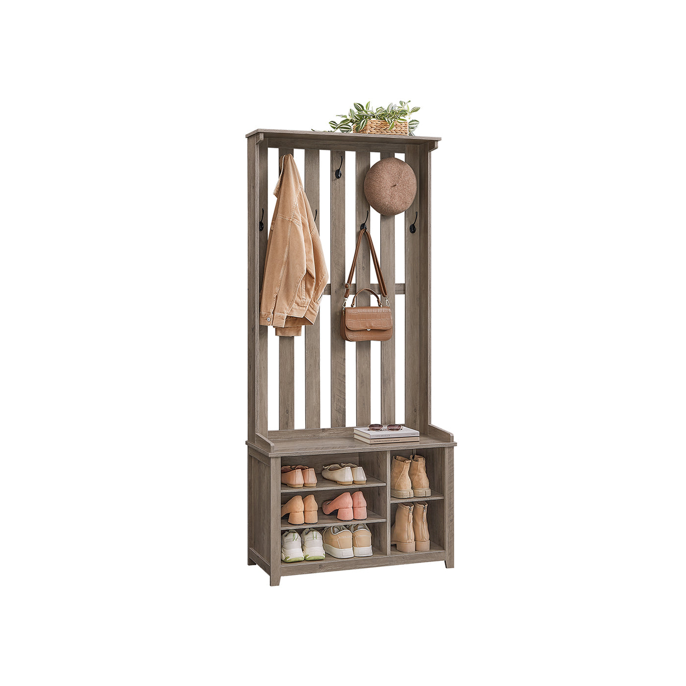 Hall Tree With Bench and Shoe Storage – Adjustable Shelves – Farmhouse Entryway Organizer
