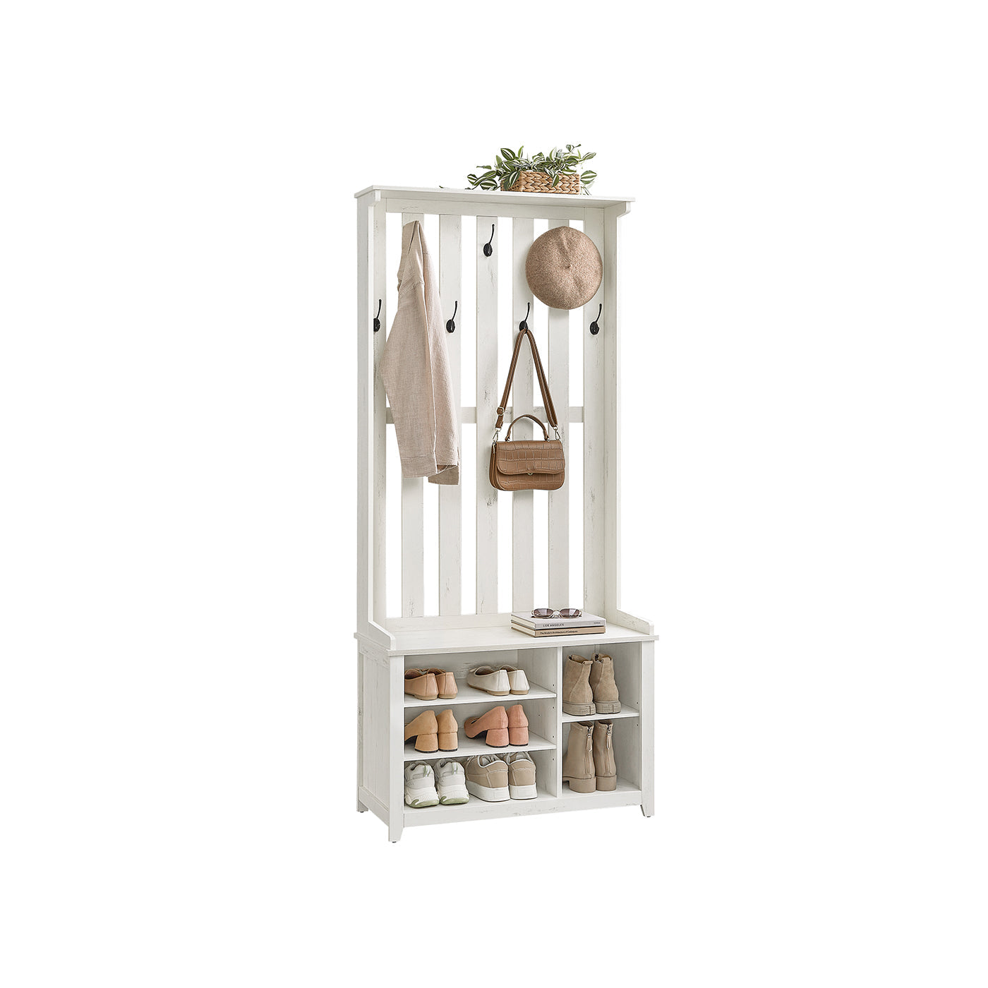 Hall Tree With Bench and Shoe Storage – Adjustable Shelves – Farmhouse Entryway Organizer