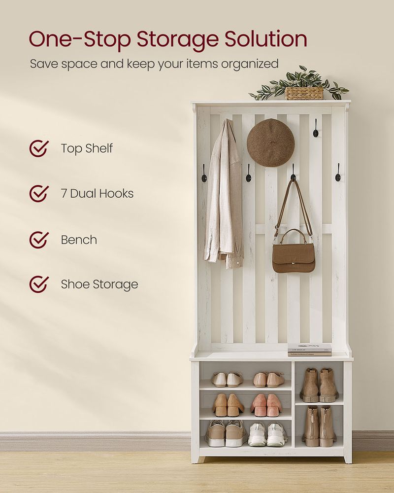 Hall Tree With Bench and Shoe Storage – Adjustable Shelves – Farmhouse Entryway Organizer