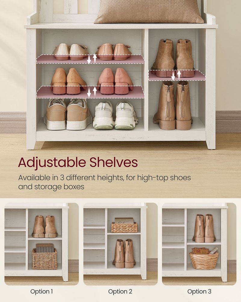 Hall Tree With Bench and Shoe Storage – Adjustable Shelves – Farmhouse Entryway Organizer