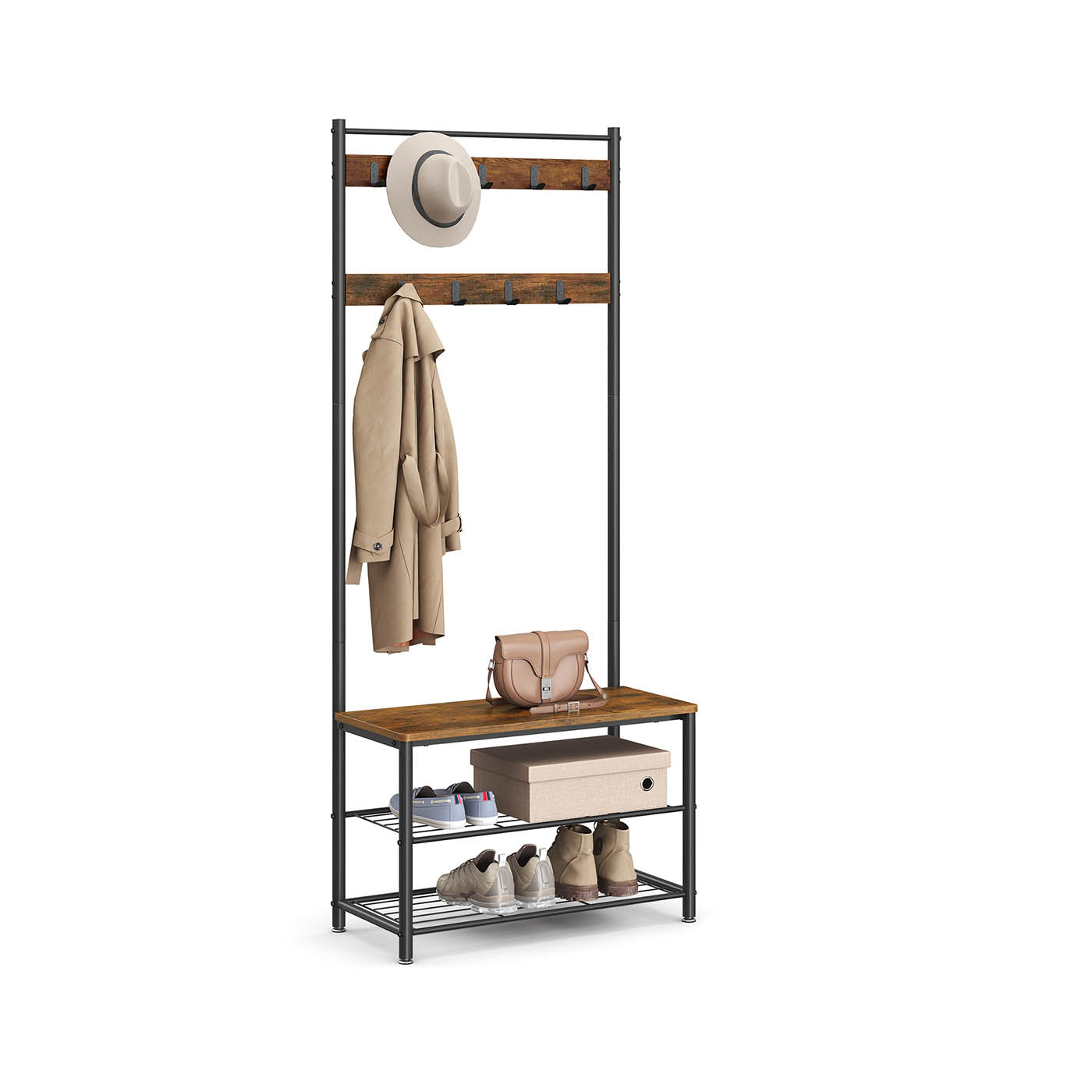 Hall Tree Coat Rack - Shoe Storage Bench - Entryway Hooks