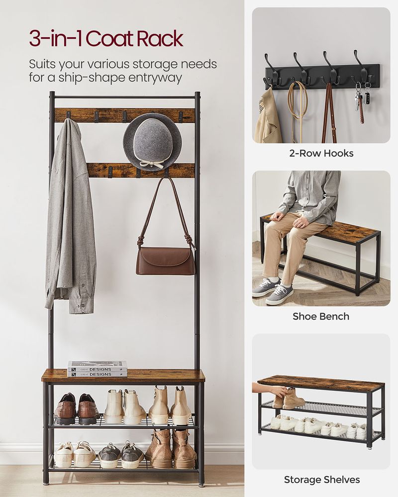 Hall Tree Coat Rack - Shoe Storage Bench - Entryway Hooks