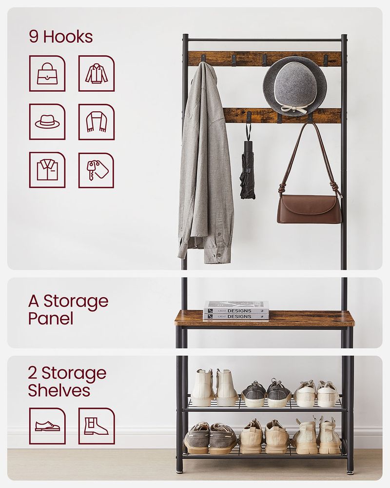 Hall Tree Coat Rack - Shoe Storage Bench - Entryway Hooks