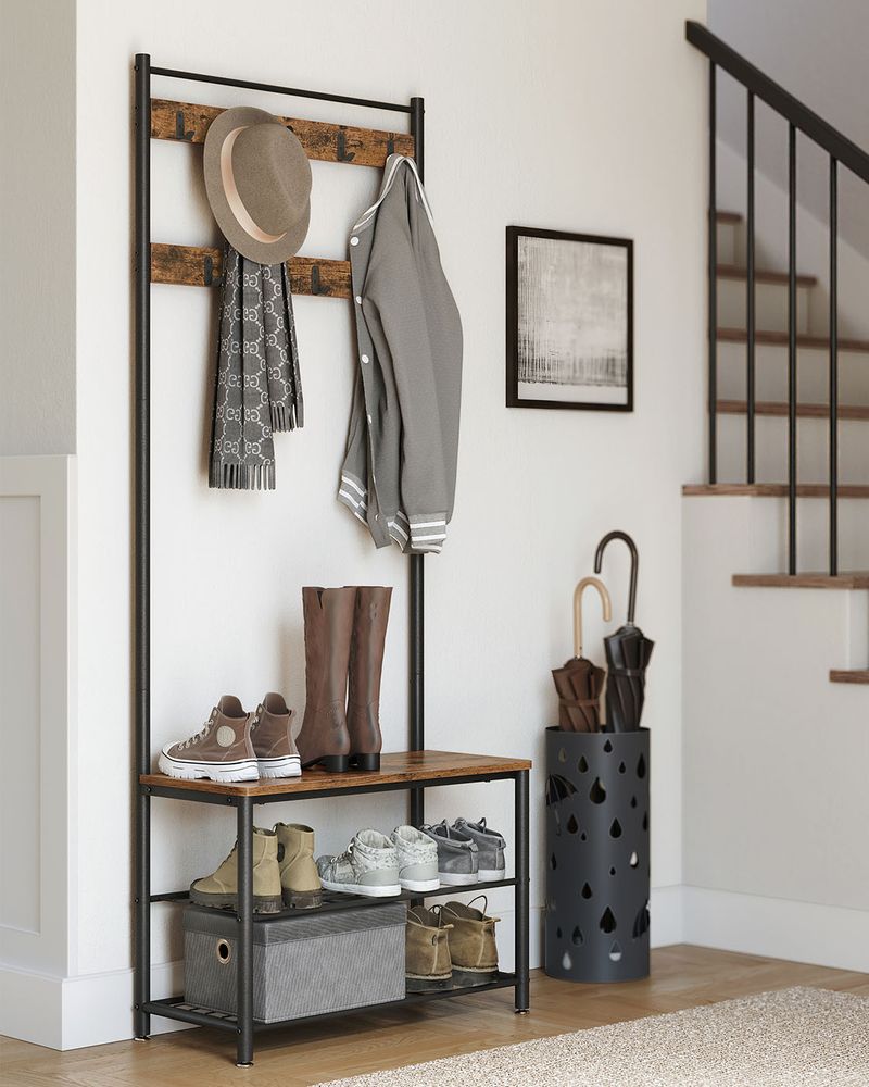 Hall Tree Coat Rack - Shoe Storage Bench - Entryway Hooks