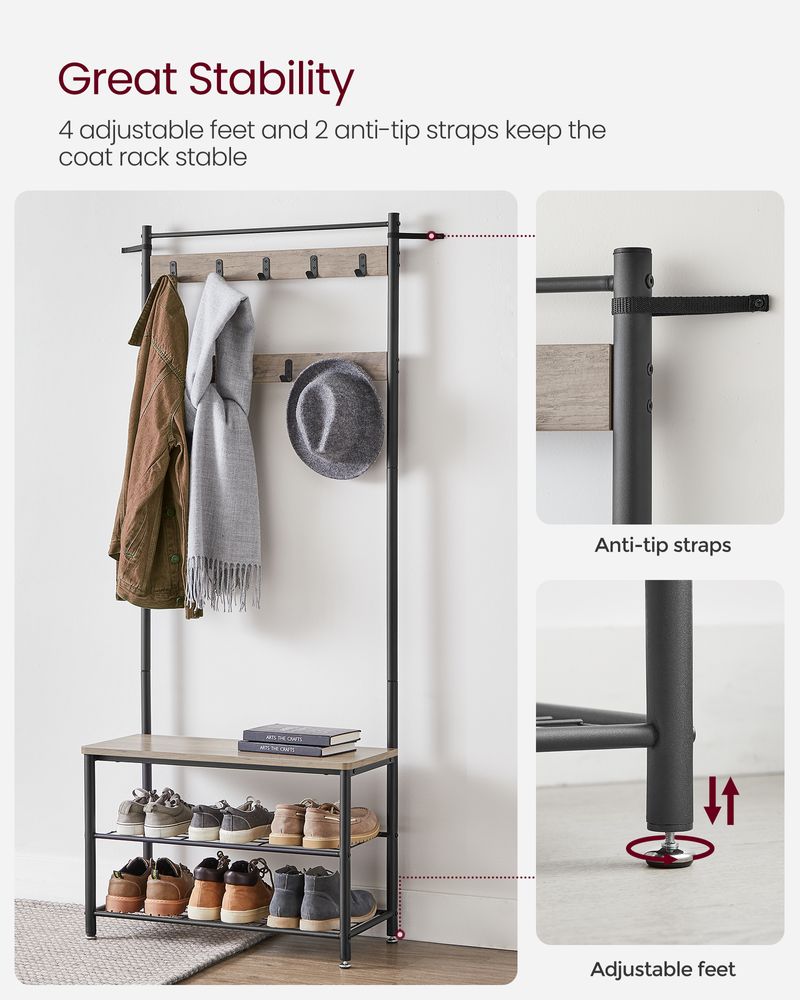 Hall Tree Coat Rack - Shoe Storage Bench - Entryway Hooks