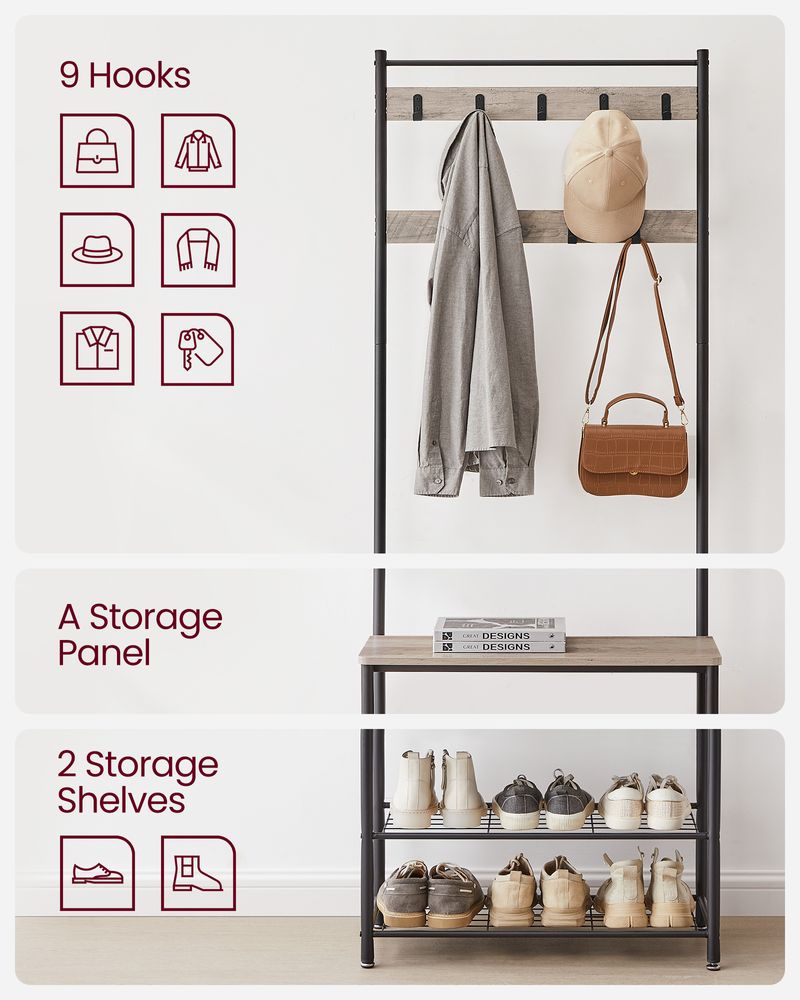 Hall Tree Coat Rack - Shoe Storage Bench - Entryway Hooks