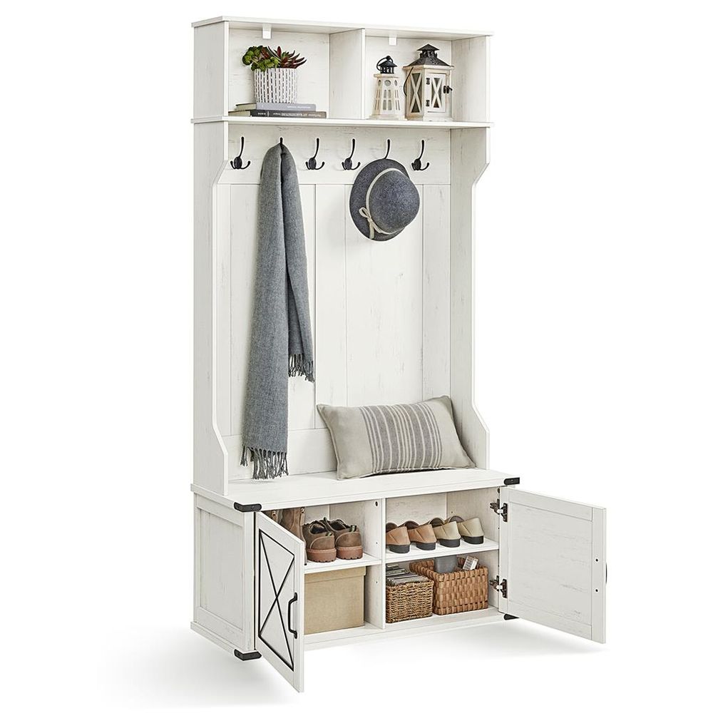 Entryway Hall Tree With Bench And Shoe Cabinet Storage Hooks