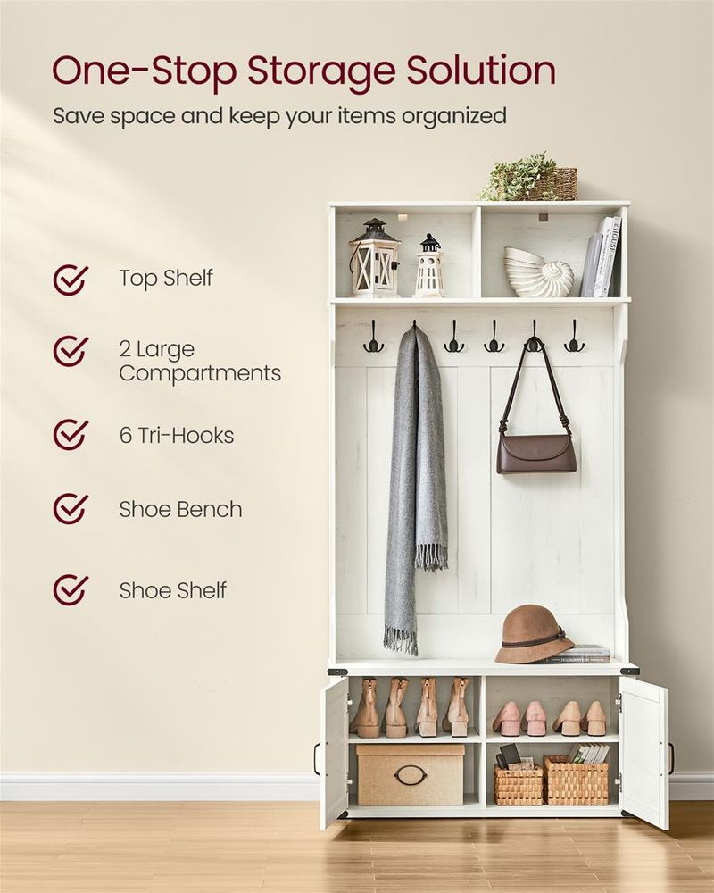 Entryway Hall Tree With Bench And Shoe Cabinet Storage Hooks