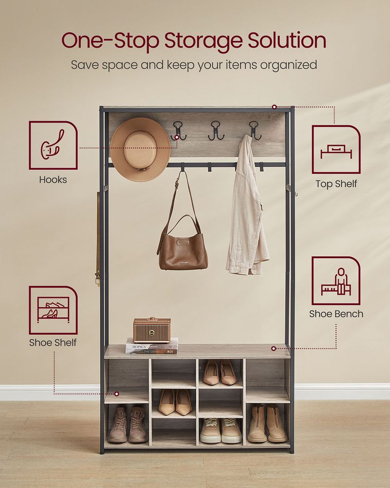 Hall Tree With Bench And Shoe Storage Entryway Coat Rack Hooks