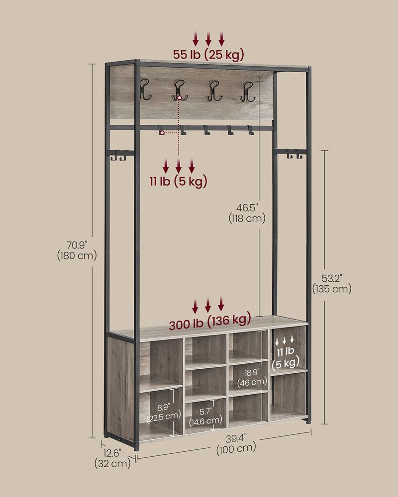 Hall Tree With Bench and Shoe Storage – Adjustable Shelves