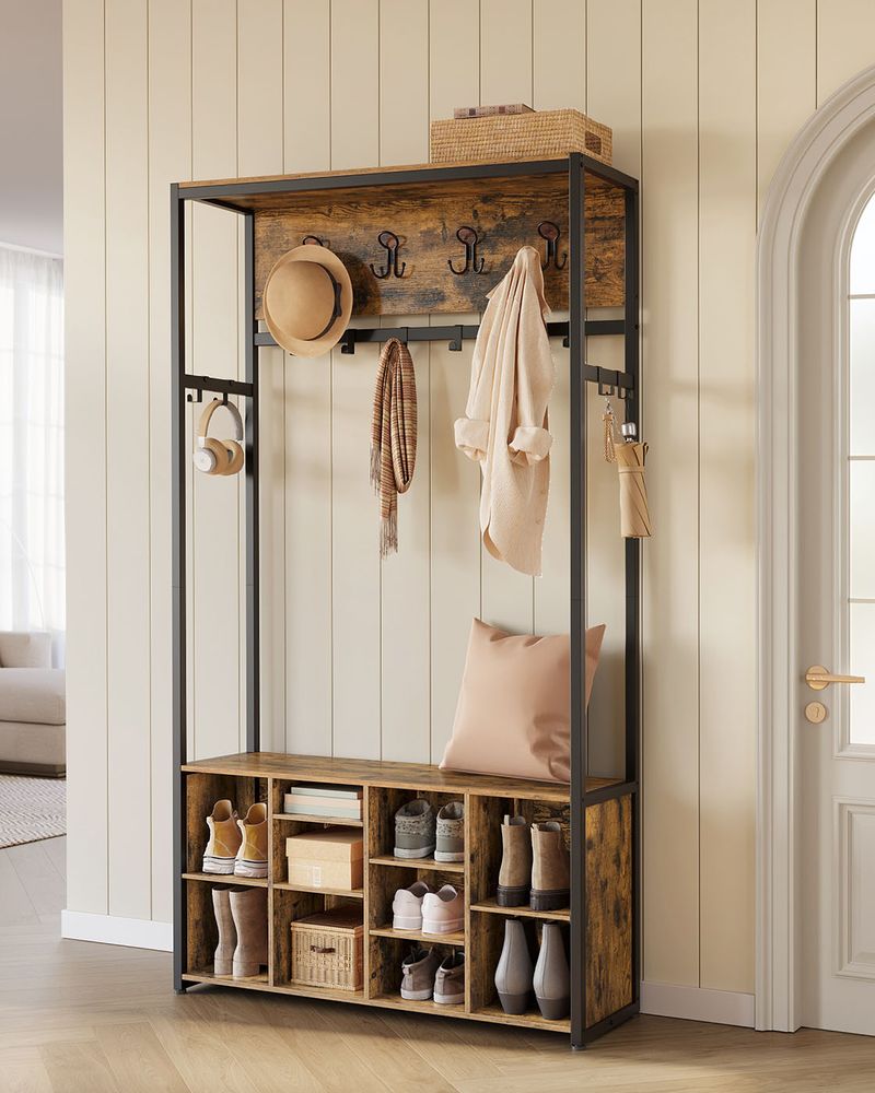 Hall Tree With Bench And Shoe Storage Entryway Coat Rack Hooks