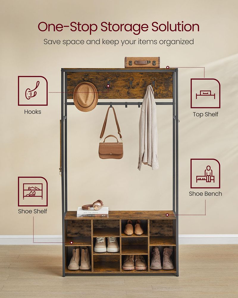 Hall Tree With Bench And Shoe Storage Entryway Coat Rack Hooks