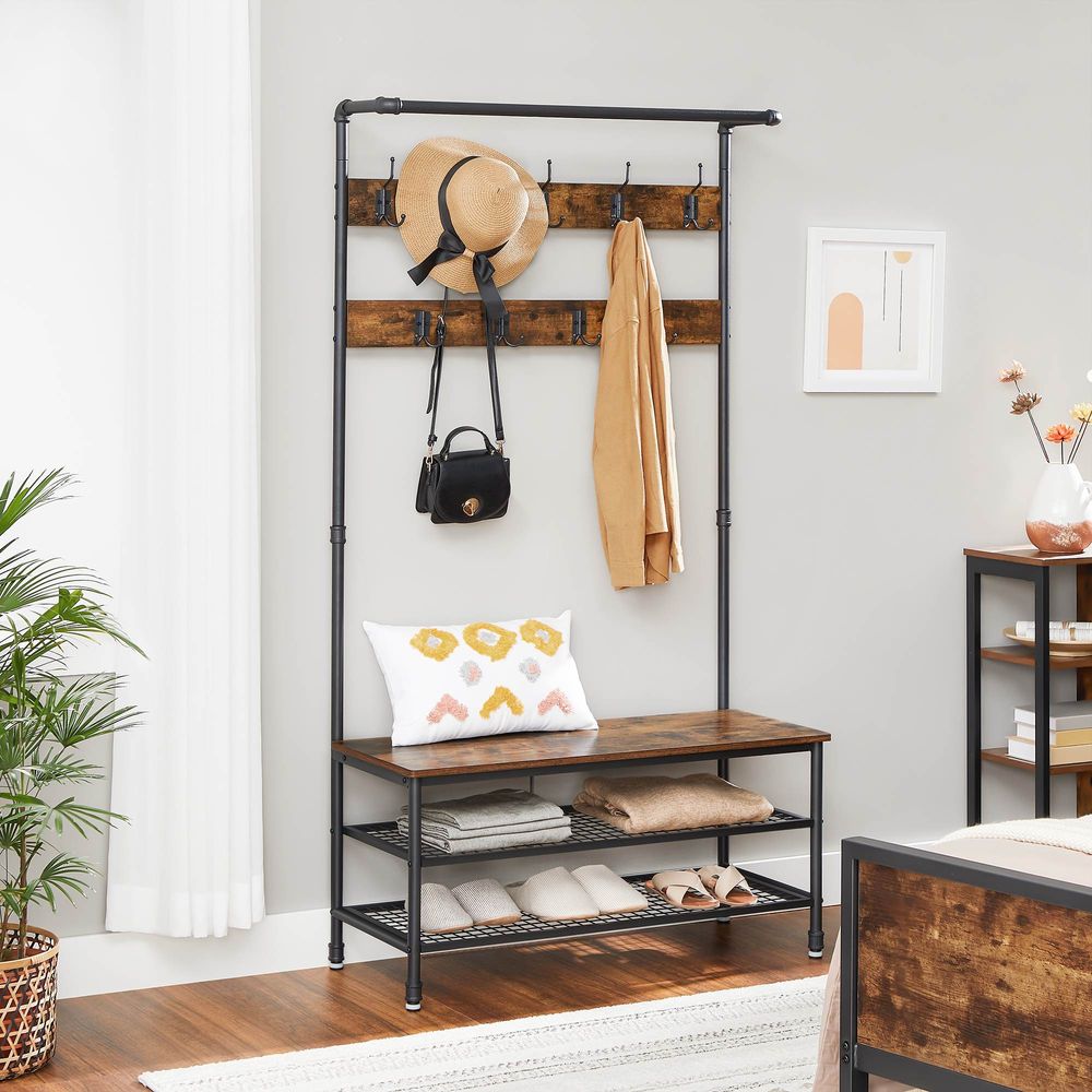 3-in-1 Entryway Coat Rack With Bench – Shoe Storage – Industrial Hall Tree