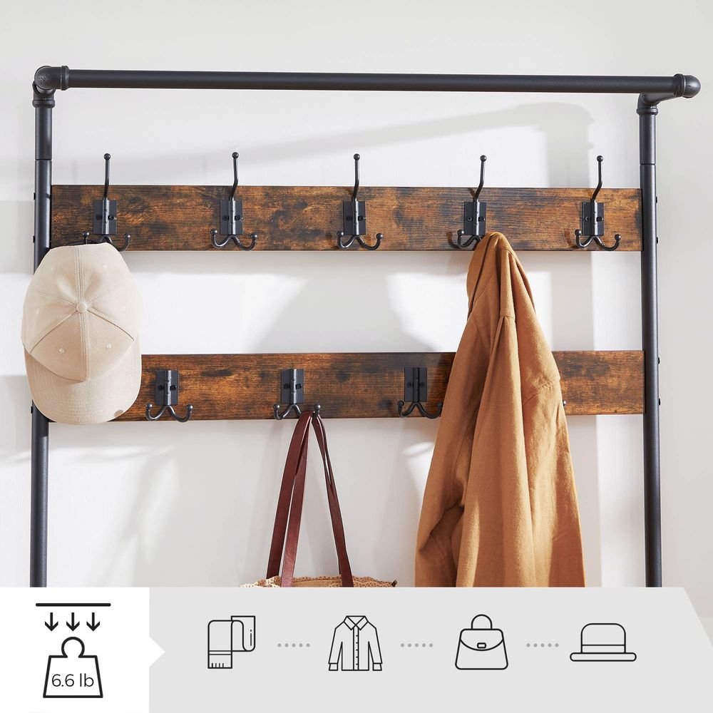 3-in-1 Entryway Coat Rack With Bench – Shoe Storage – Industrial Hall Tree
