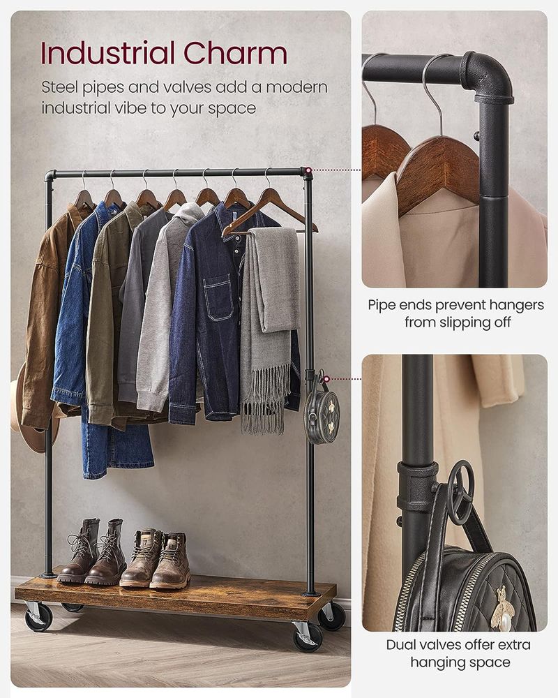 Heavy Duty Rolling Clothing Rack – Industrial Style – With Storage Shelf