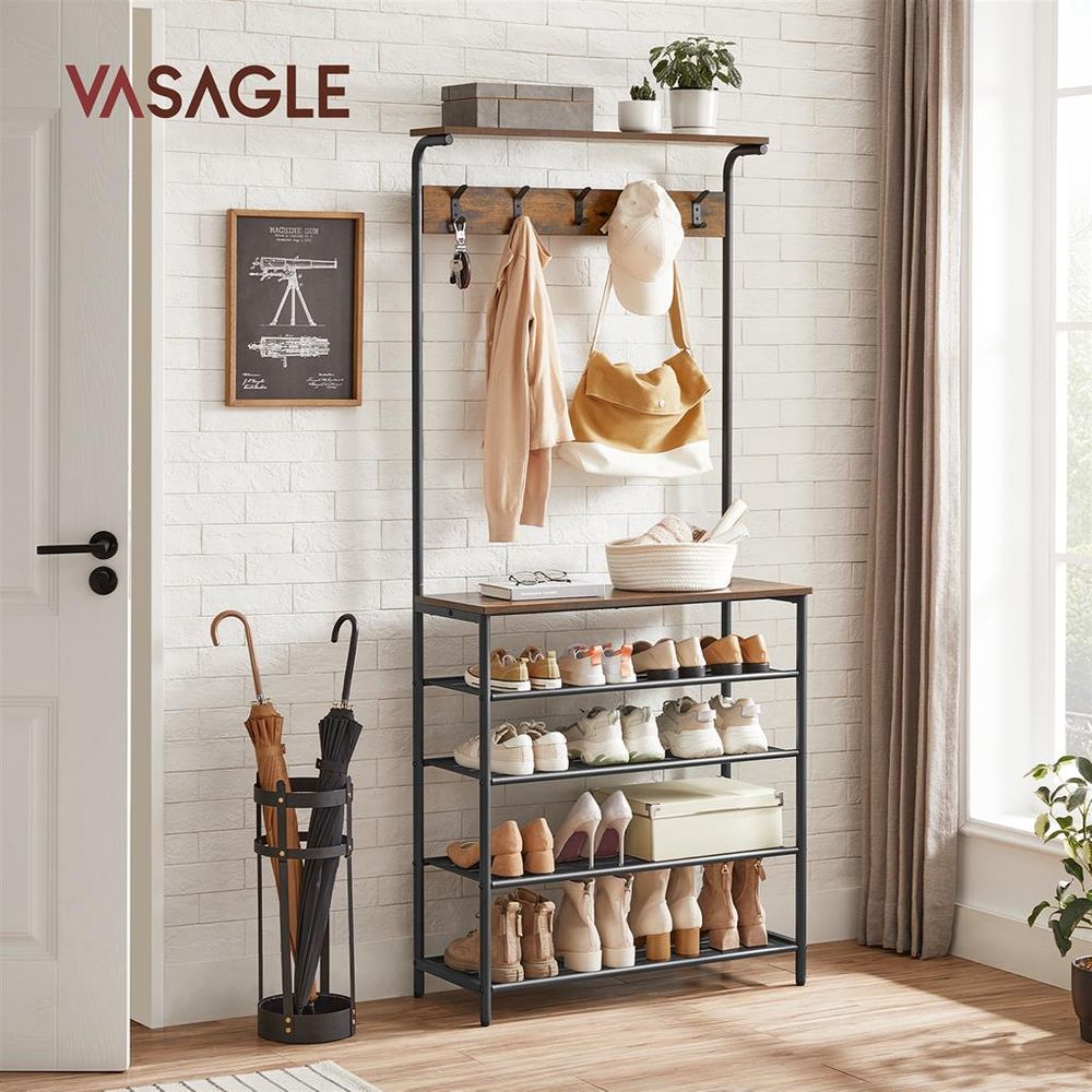 Hall Tree With Shoe Bench – 5-Tier Shoe Storage – Industrial Coat Rack