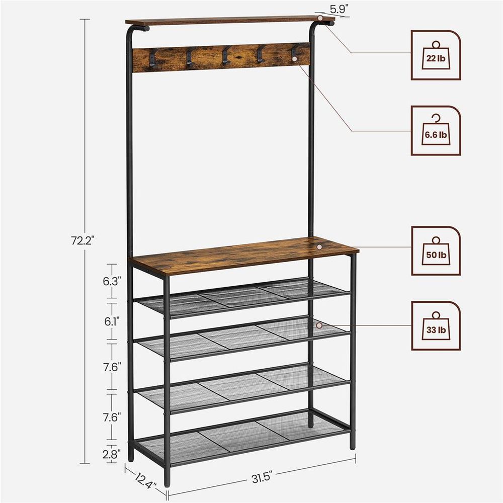 Hall Tree With Shoe Bench – 5-Tier Shoe Storage – Industrial Coat Rack