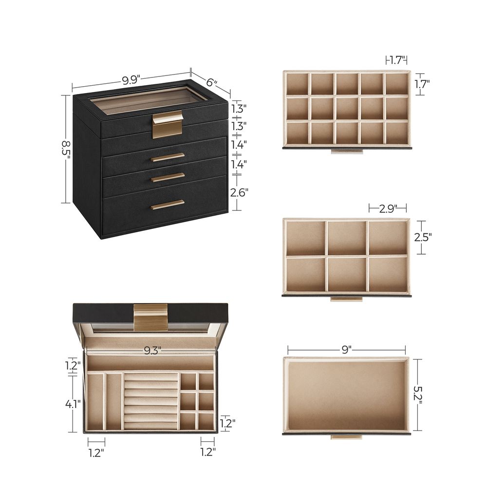 Jewelry Box Organizer - 4 Layer - Glass Lid - Large Storage