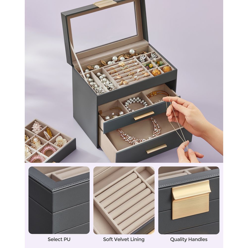 Jewelry Box Organizer - 4 Layer - Glass Lid - Large Storage