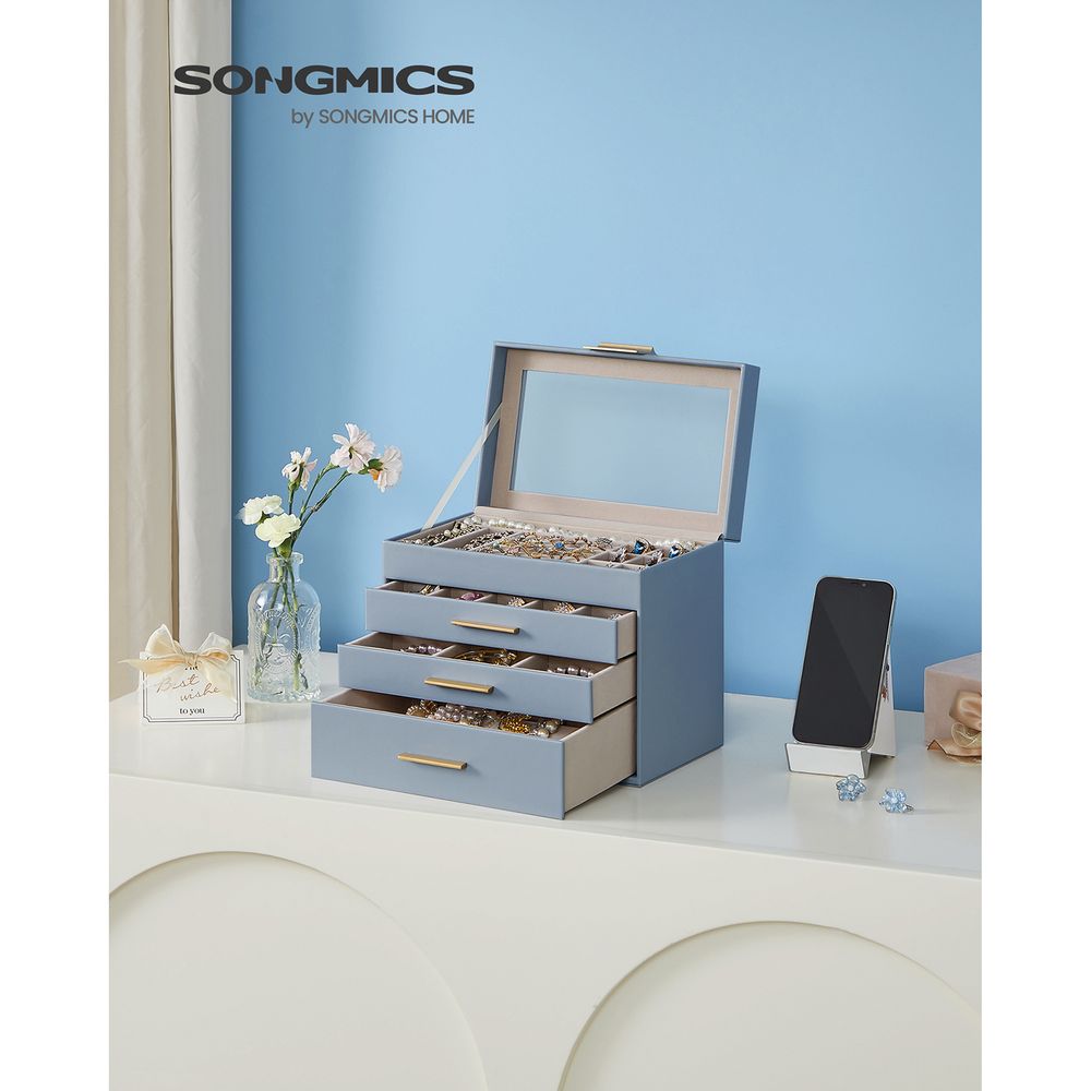 Jewelry Box Organizer - 4 Layer - Glass Lid - Large Storage