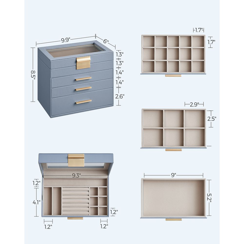 Jewelry Box Organizer - 4 Layer - Glass Lid - Large Storage