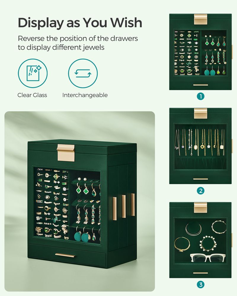 Jewelry Organizer Box - 5 Layer - Glass Window - Mirror Drawers