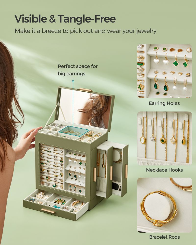 Jewelry Organizer Box - 5 Layer - Glass Window - Mirror Drawers