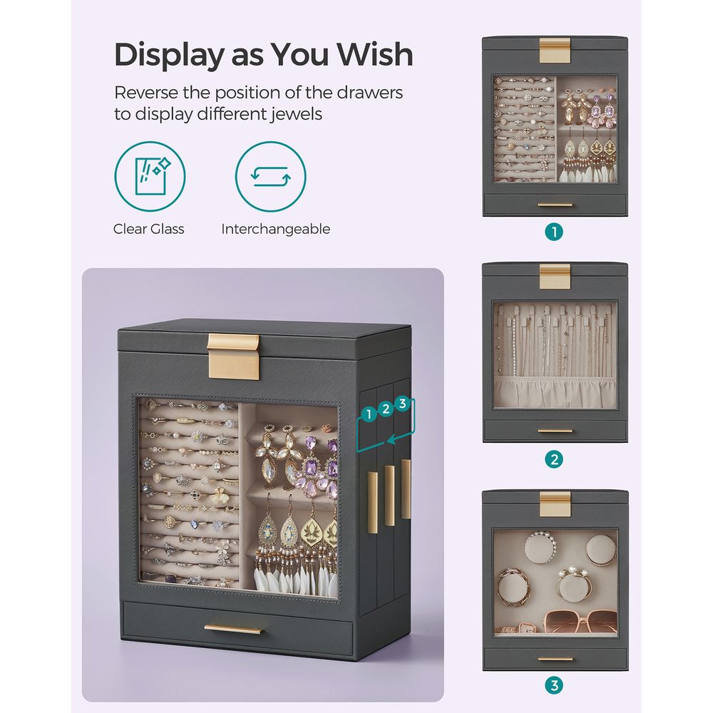 Jewelry Organizer Box - 5 Layer - Glass Window - Mirror Drawers