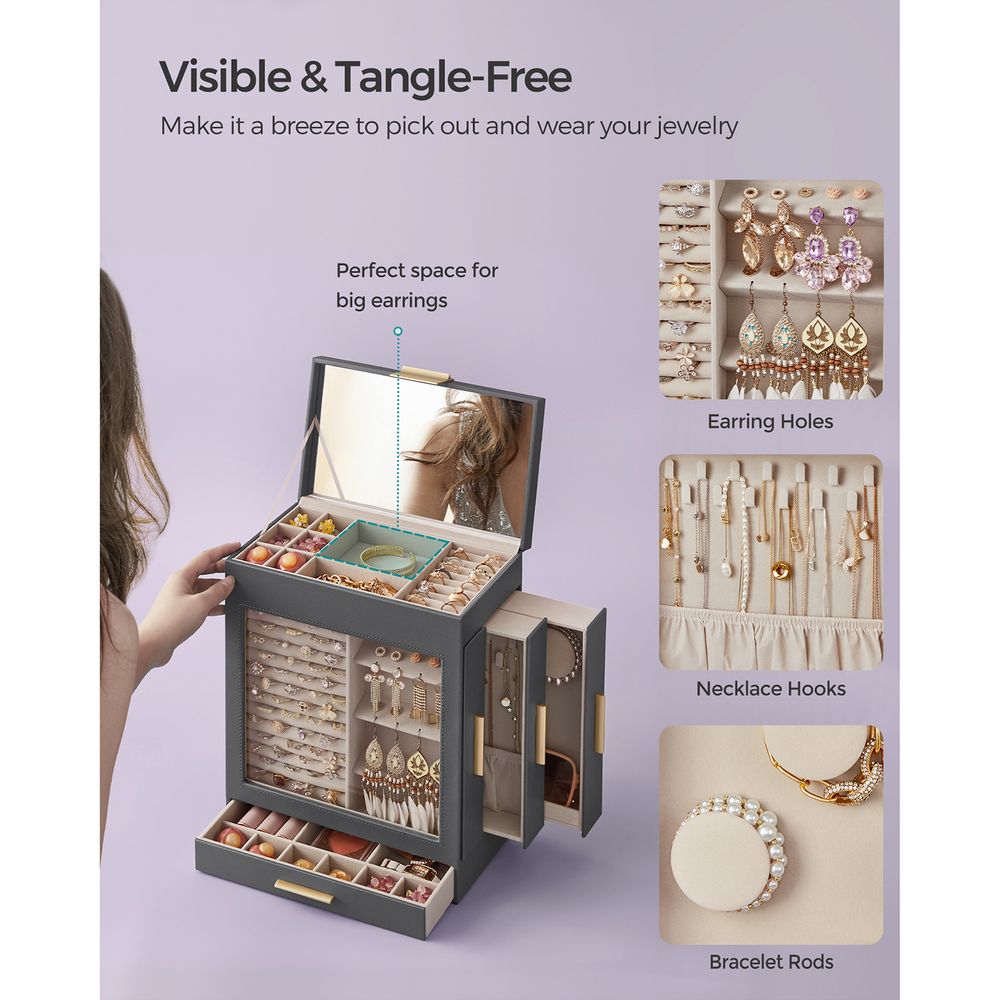 Jewelry Organizer Box - 5 Layer - Glass Window - Mirror Drawers