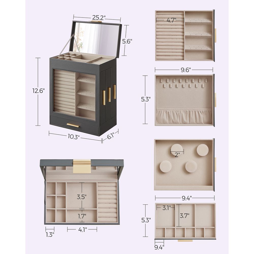 Jewelry Organizer Box - 5 Layer - Glass Window - Mirror Drawers