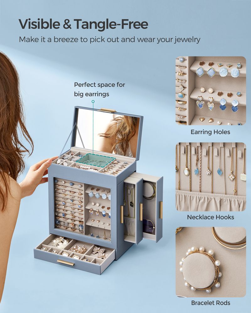 Jewelry Organizer Box - 5 Layer - Glass Window - Mirror Drawers