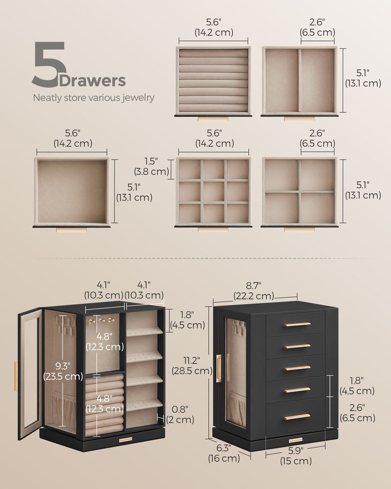 Jewelry Box Organizer - 360 Degree Rotating - 5 Drawers