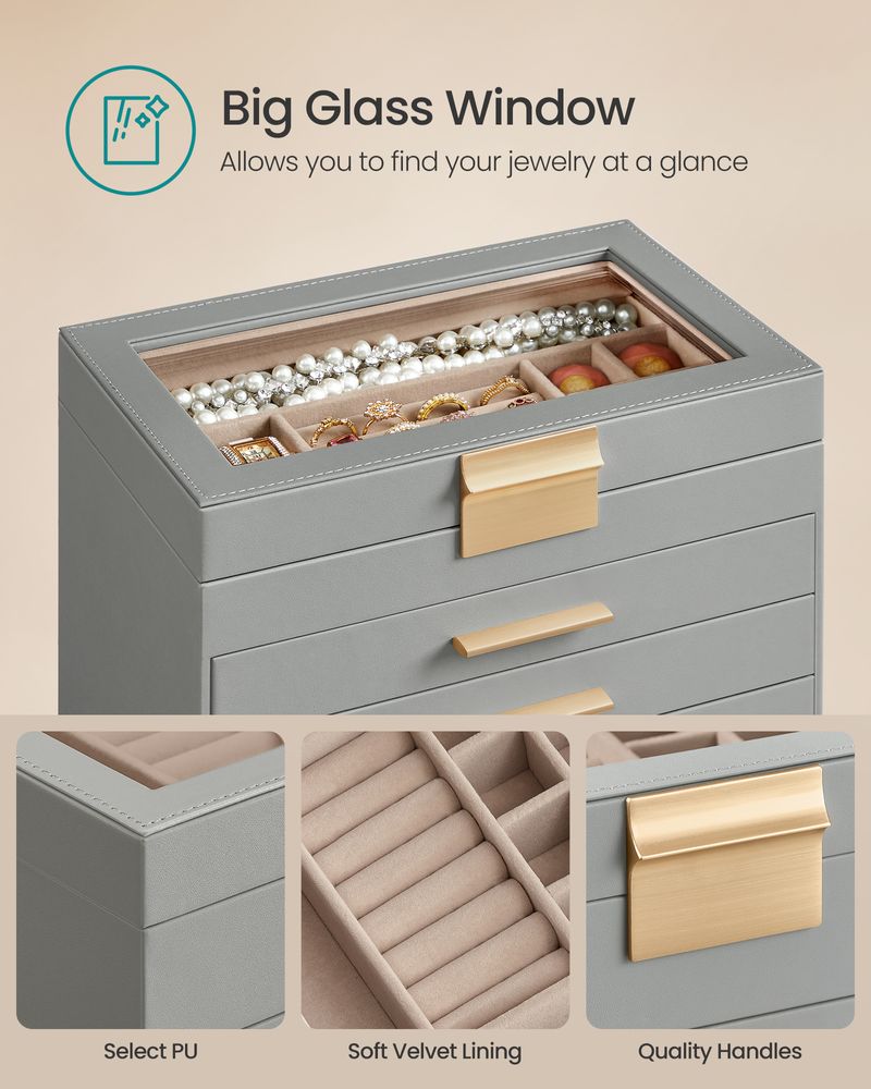 Jewelry Box Organizer - 4 Layer - Glass Lid - Large Storage