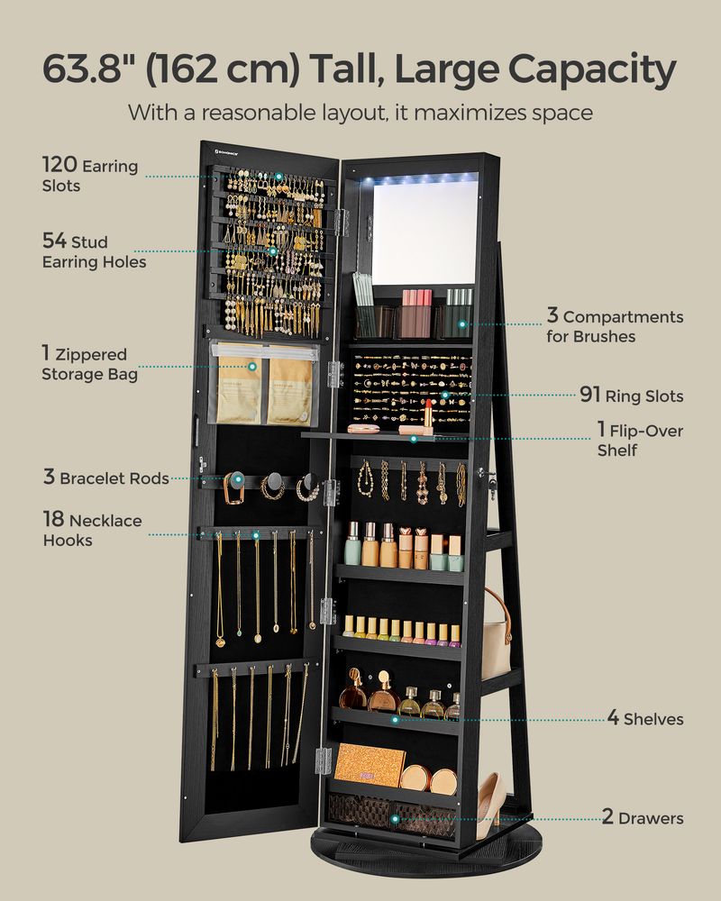 Jewelry Organizer Cabinet - Lockable - Mirror - 6 LED Lights