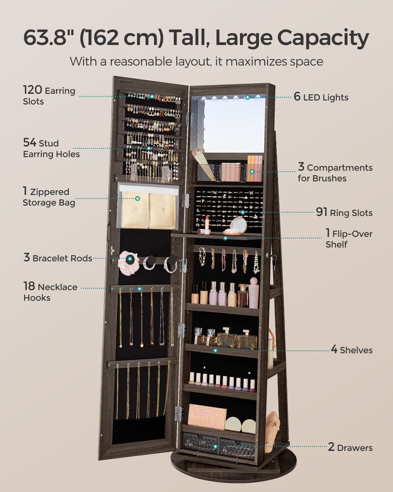Jewelry Organizer Cabinet - Lockable - Mirror - 6 LED Lights