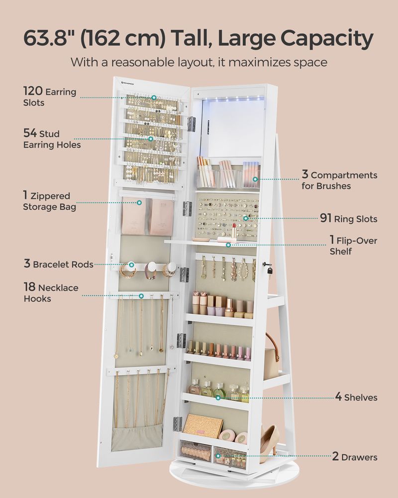 Jewelry Organizer Cabinet - Lockable - Mirror - 6 LED Lights