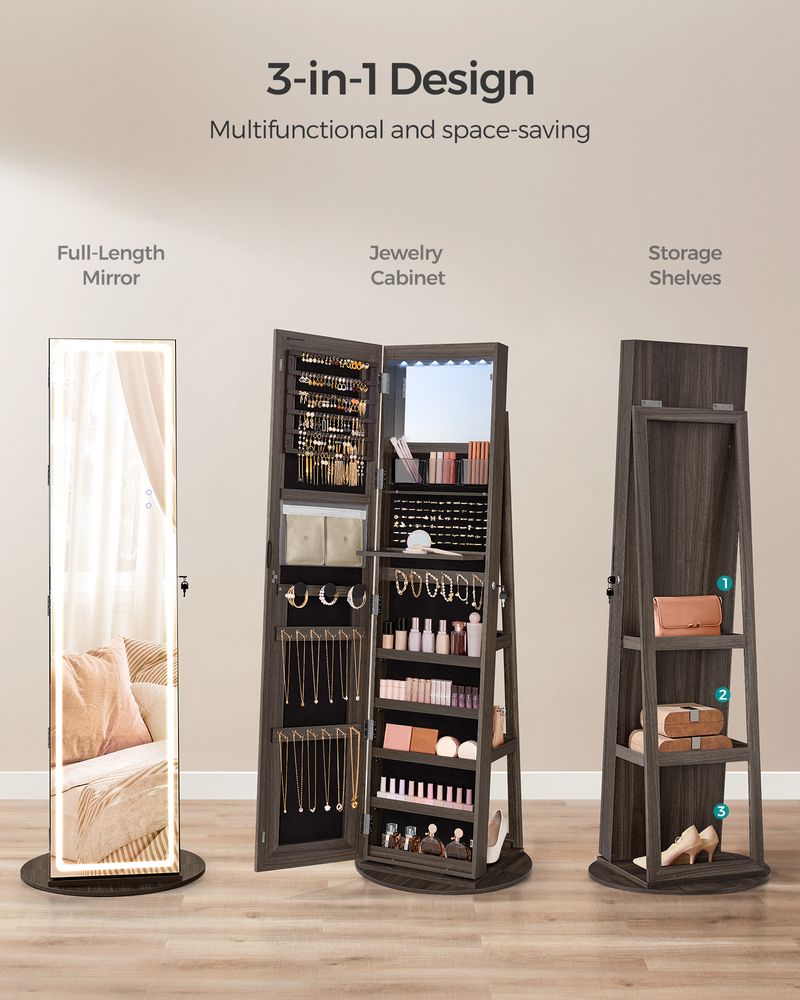 Jewelry Cabinet Standing - Full Length Mirror - Adjustable LED Lights