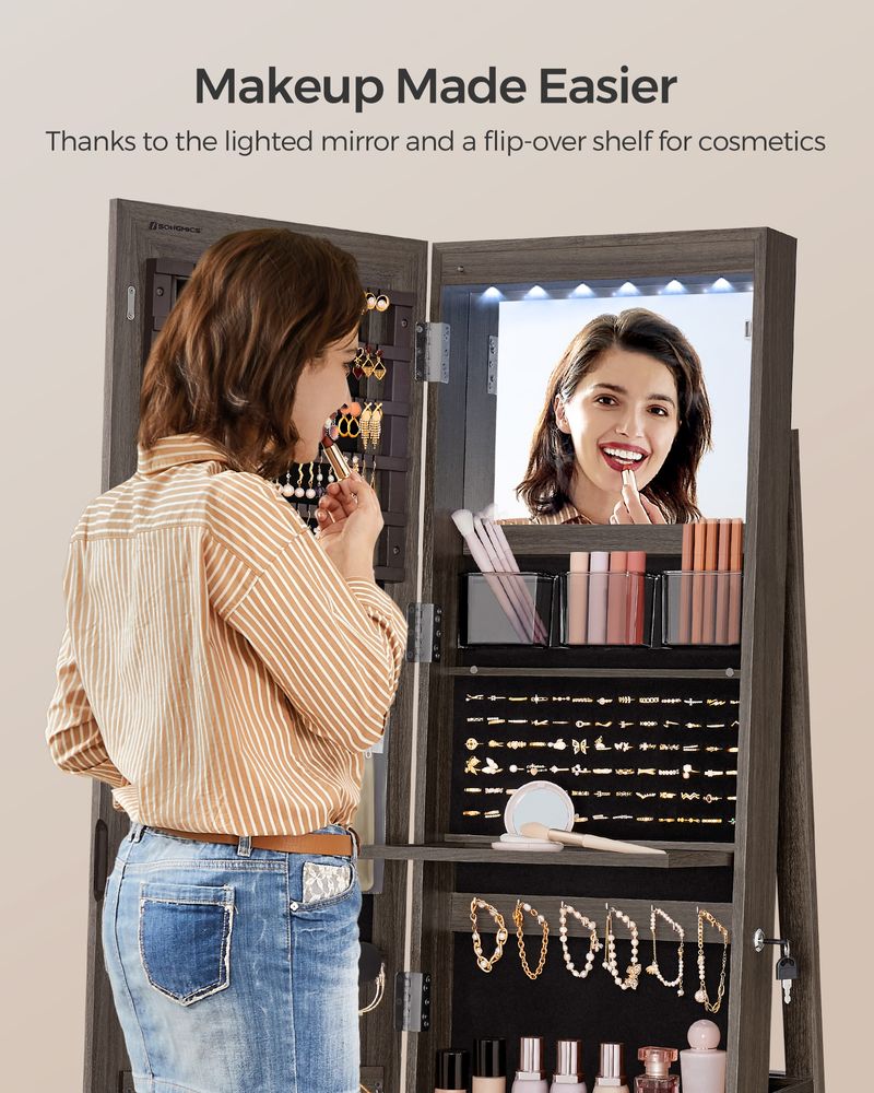 Jewelry Cabinet Standing - Full Length Mirror - Adjustable LED Lights