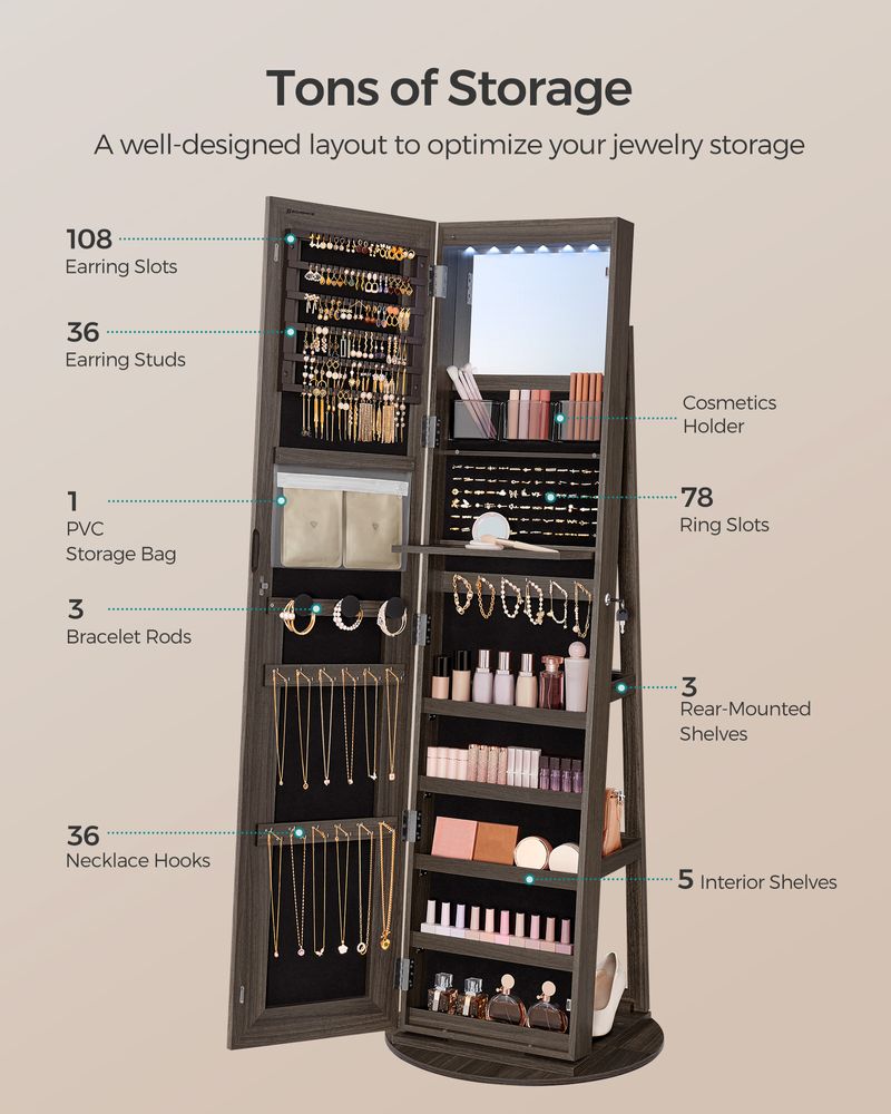 Jewelry Cabinet Standing - Full Length Mirror - Adjustable LED Lights