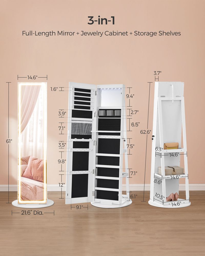 Jewelry Cabinet Standing - Full Length Mirror - Adjustable LED Lights