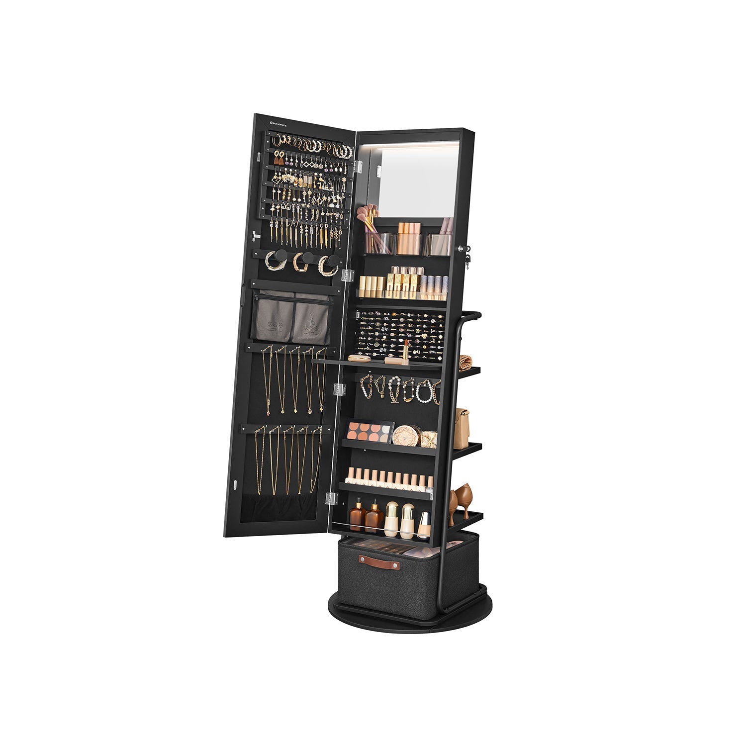 Jewelry Cabinet - 360 Degree Swivel - Mirrored With Lights