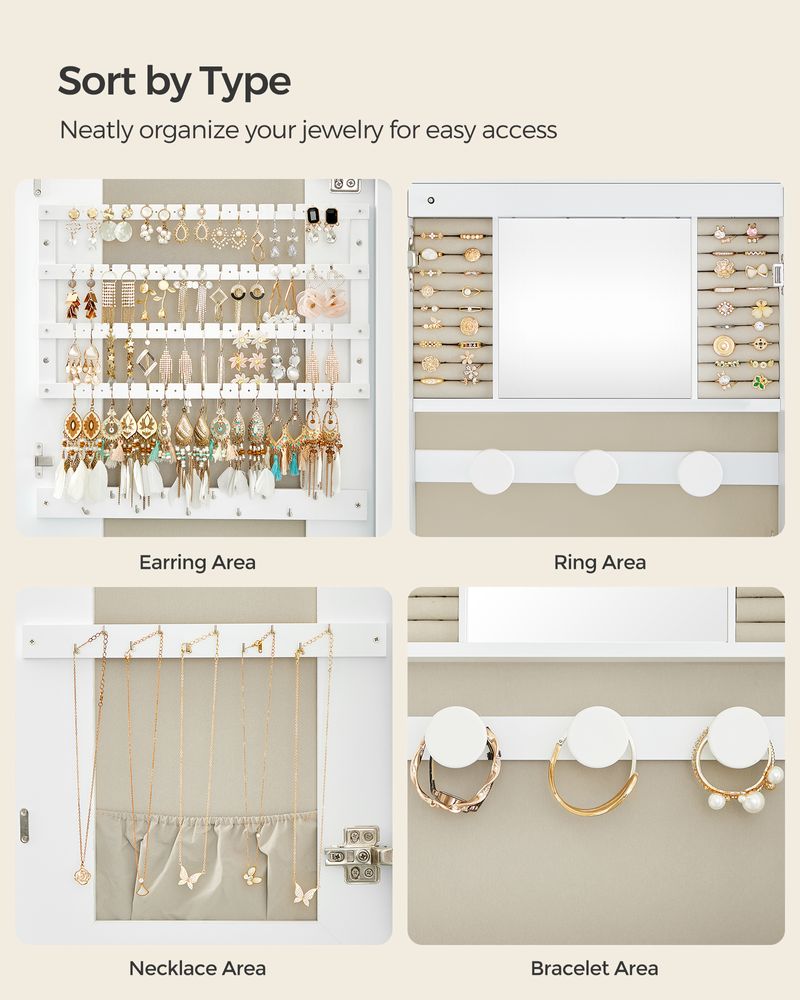 Wall Mounted Jewelry Organizer - Mirror Cabinet - LED Interior Light
