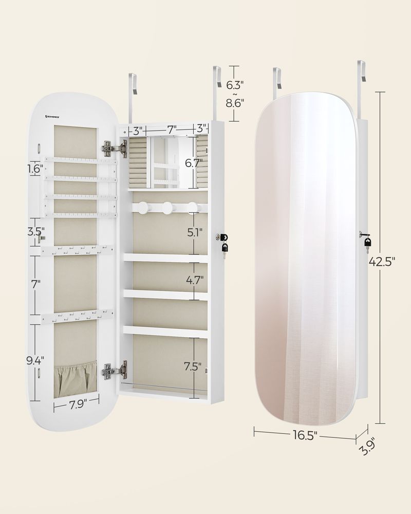Wall Mounted Jewelry Organizer - Mirror Cabinet - LED Interior Light