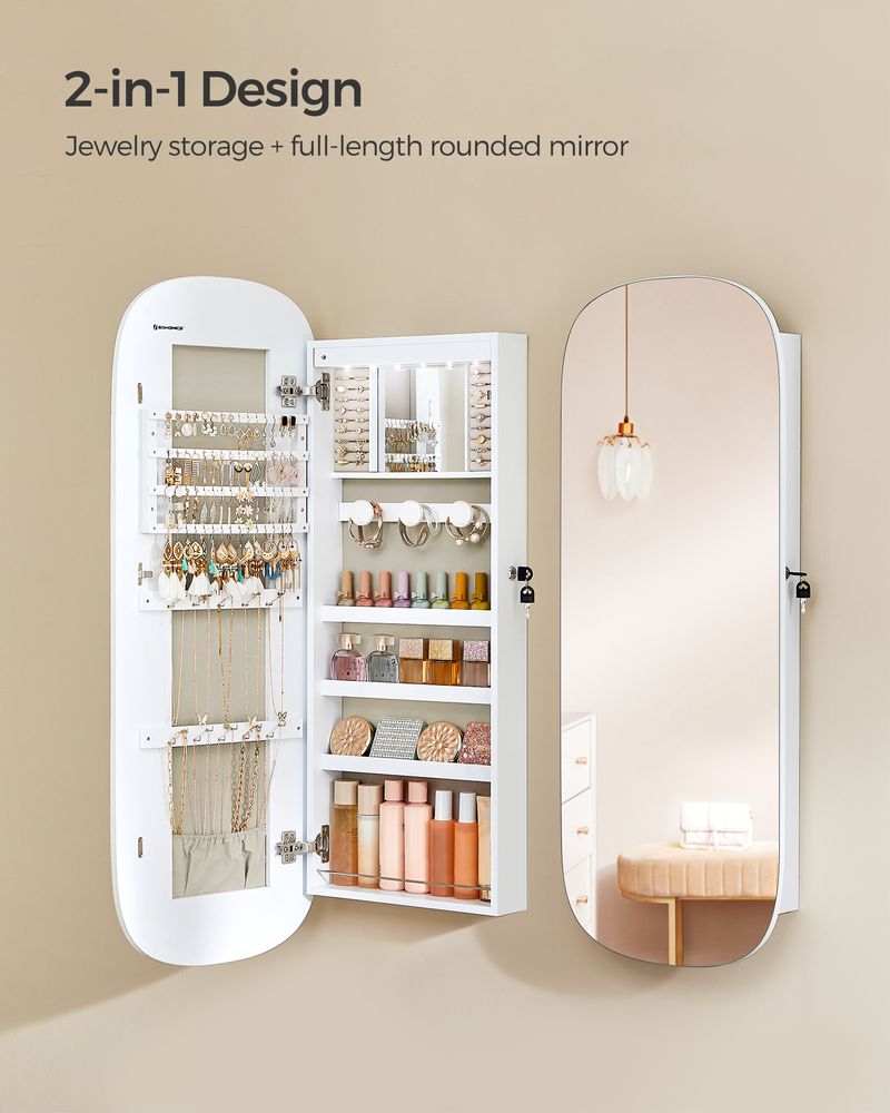 Wall Mounted Jewelry Organizer - Mirror Cabinet - LED Interior Light
