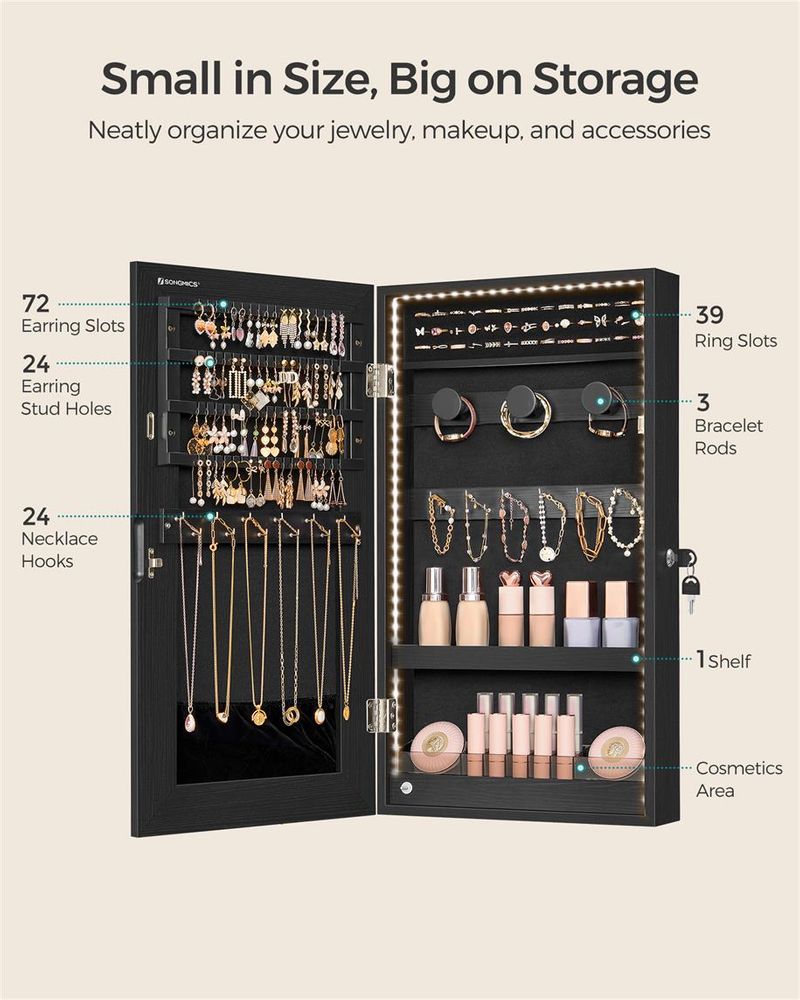 Jewelry Cabinet Armoire - Mirror With LED Lights - Wall Mounted