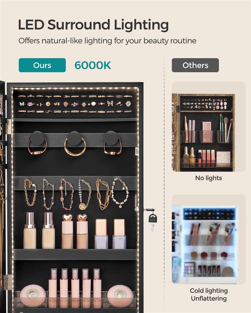 Jewelry Cabinet Armoire - Mirror With LED Lights - Wall Mounted